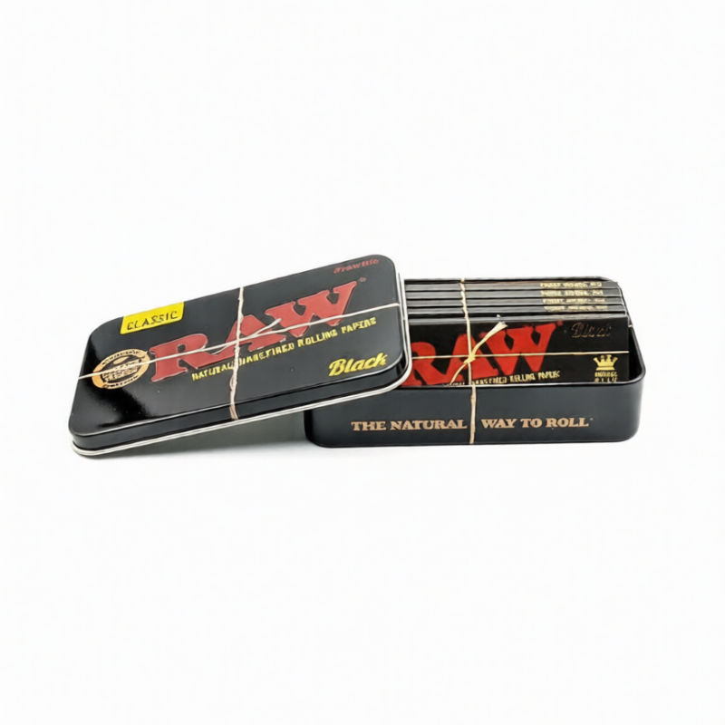 5 x RAW Black King Size Rolling Papers with RAW Tobacco Storage Tin - RAW Black Collection