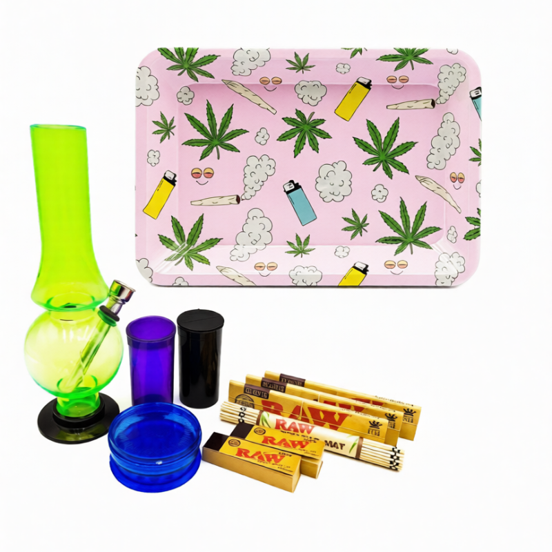 Cloud 9 Weed Design Pink Metal Rolling Tray Bong Set