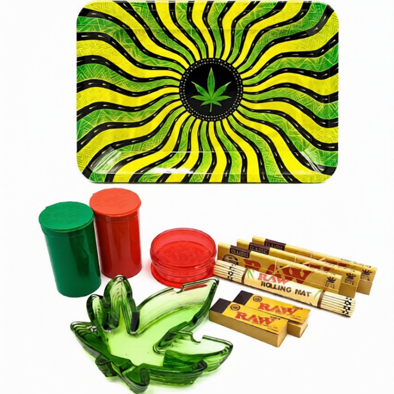 Green Wavy Hypnotic Leaf Metal Rolling Tray Ash Tray Set