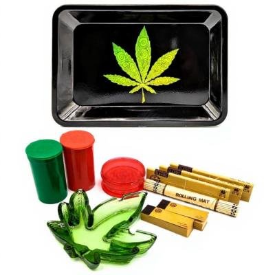 Black With Green Swirls Leaf Metal Rolling Tray Set