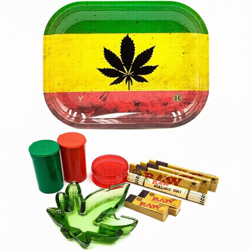 Rasta Black Leaf Metal Rolling Tray with Ash Tray Set