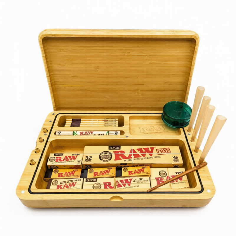 RAW Wooden Rolling Tray with Cones, Papers and Tips Spirit Box Set