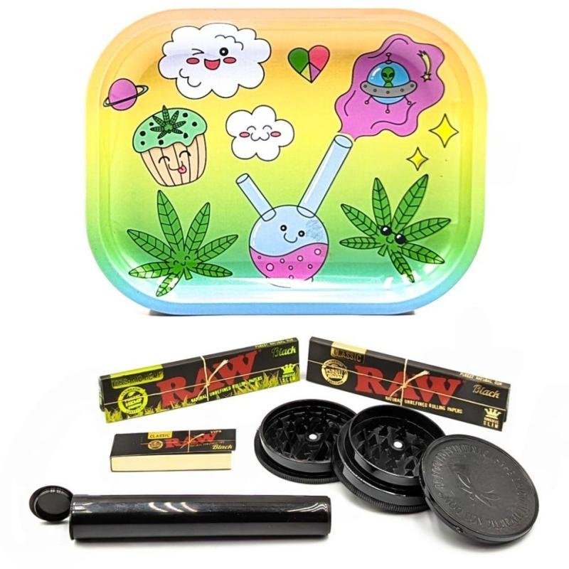 Rolling Tray Set with Raw Black Papers & Raw Black Tips - Cute Bong