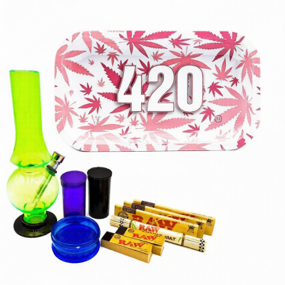420 Pink Weed Leaf Design Metal Rolling Tray Bong Set