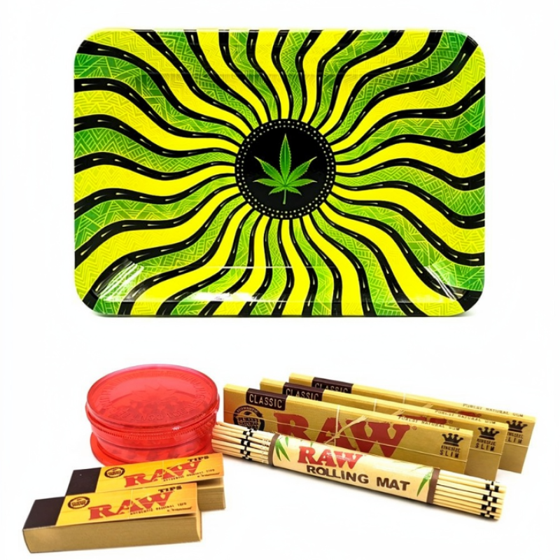 Green Wavy Hypnotic Leaf Metal Rolling Tray Set