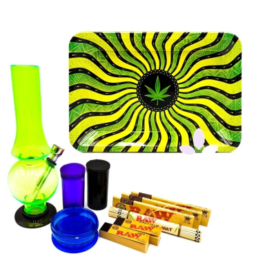 Green Wavy Hypnotic Leaf Metal Rolling Tray Bong Set