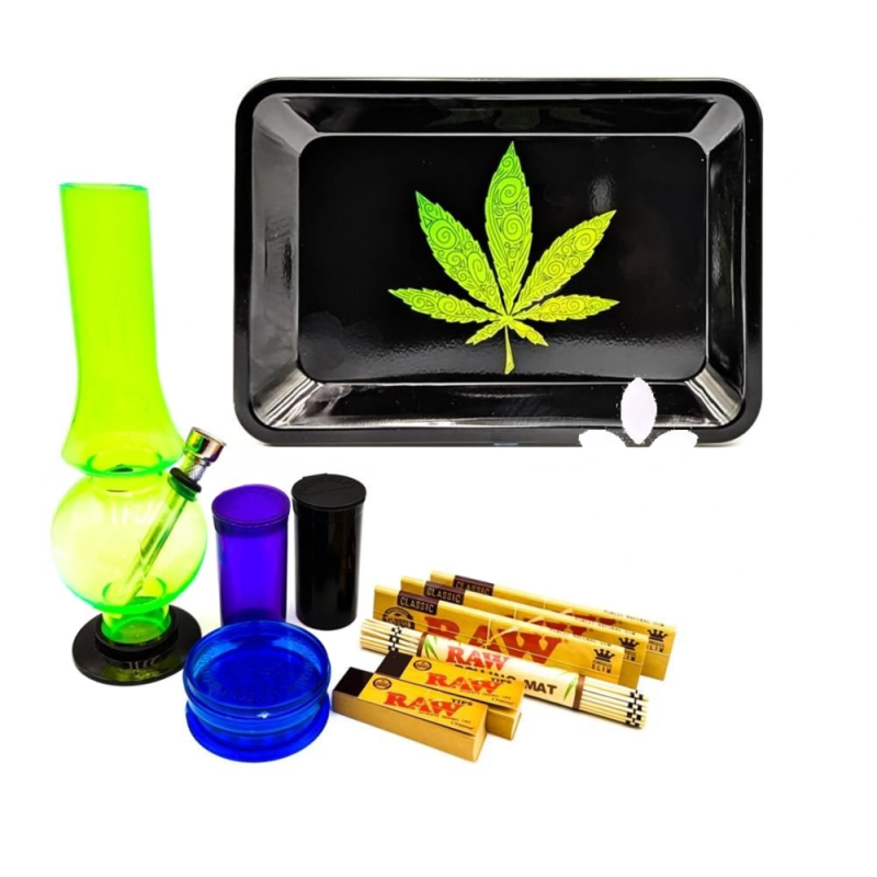 Black With Green Swirls Leaf Metal Rolling Tray Bong Set