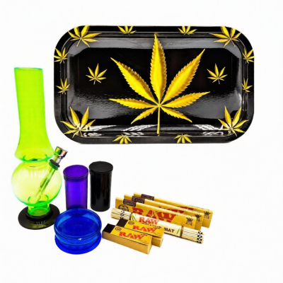 Gold Leaf Black Metal Rolling Tray Bong Set