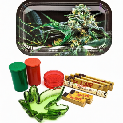 Black OG Kush Metal Rolling Tray with Ash Tray Set
